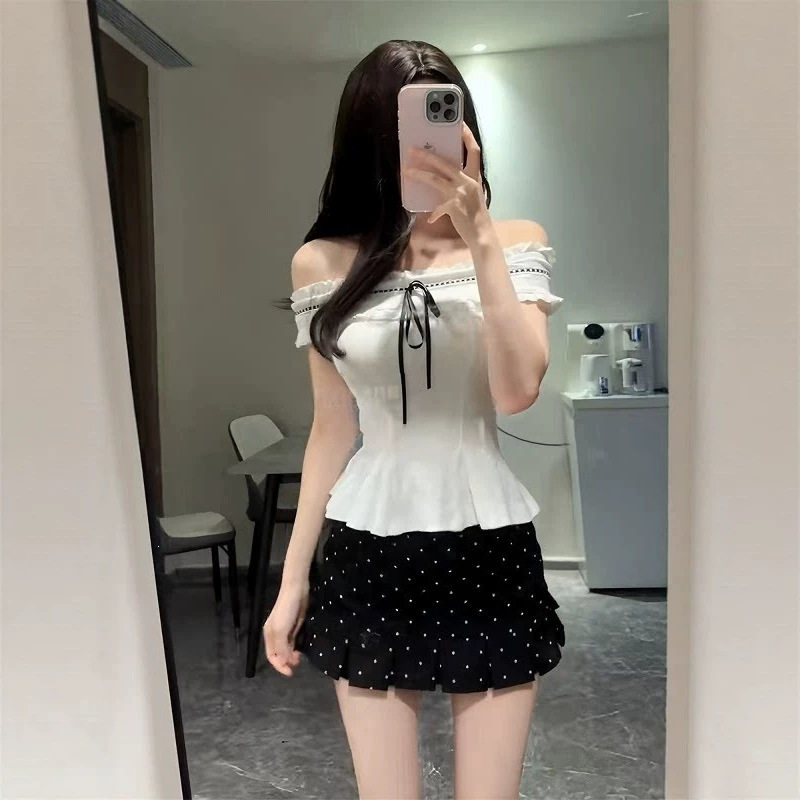 法式纯欲甜美修身一字肩上衣两件套装女设计感波点半身短裙子夏季