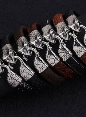 琦诺经典个性时尚手錬不锈钢蛇头牛皮编织手串真皮男跨境北美