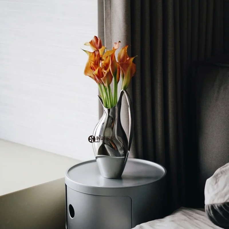 欧式餐桌花瓶摆件家居客厅银色水壶形陶瓷花器酒店样板间软装饰品