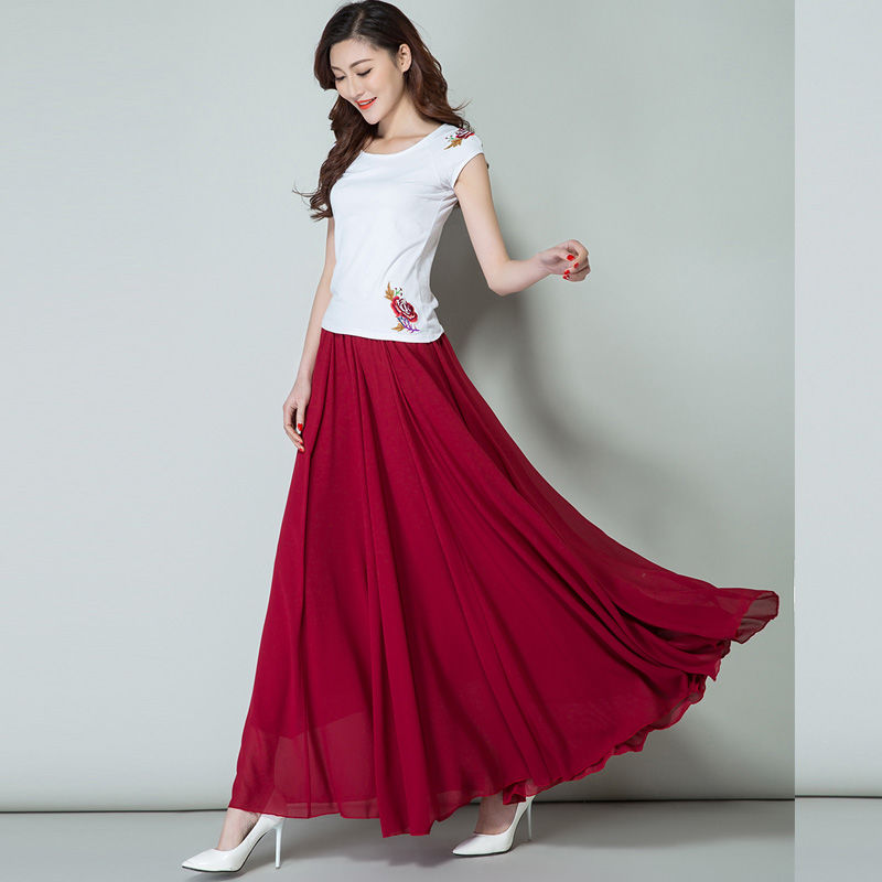 New Summer Chiffon Skirts Plus Size Full-Length Skirt High W