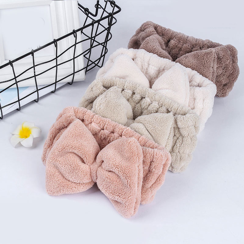 SPA Bath Shower Big Bow Solid Coral Fleece Headband Women Wa