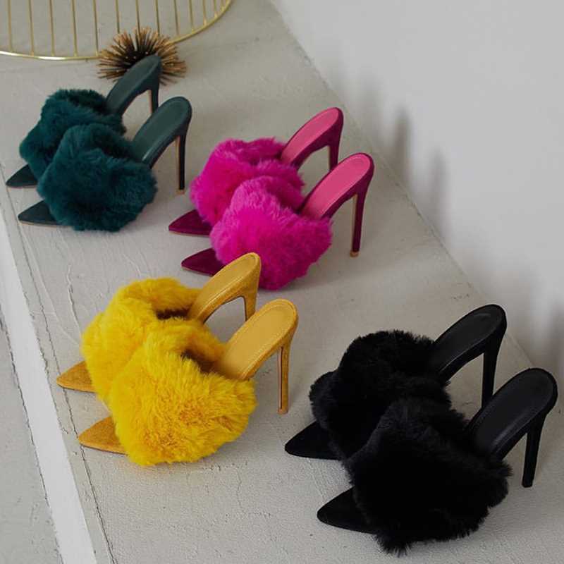 European Station Sandals Candy Color Luxury Rabbit Fur High