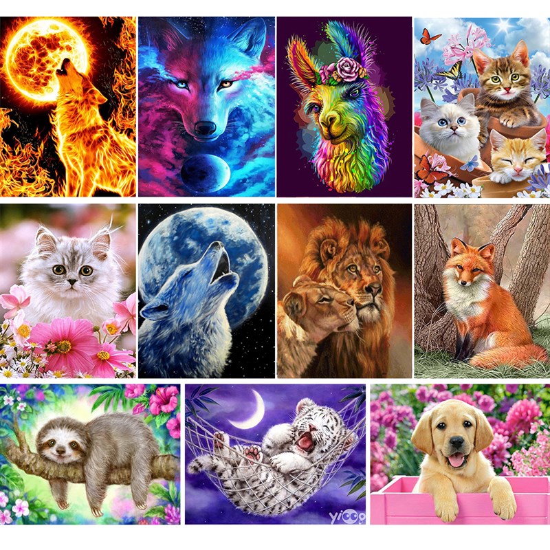 5D DIY Diamond painting Kit Wolf Tiger Cat Dog Animal Pictur