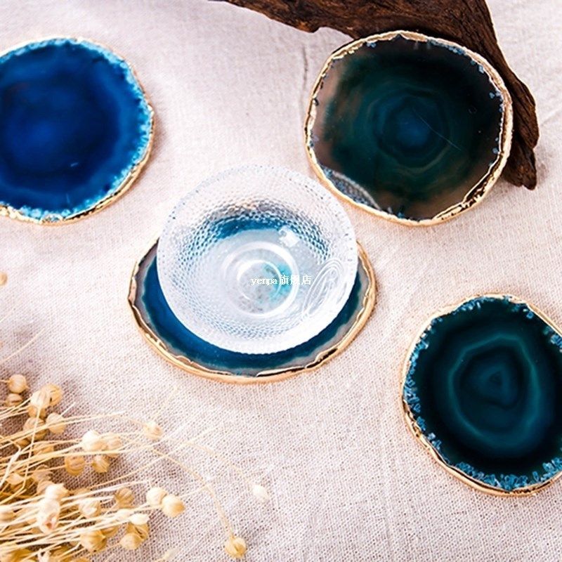 2Pcs Agate Slice Blue Agate Coaster Teacup Tray Decorative D