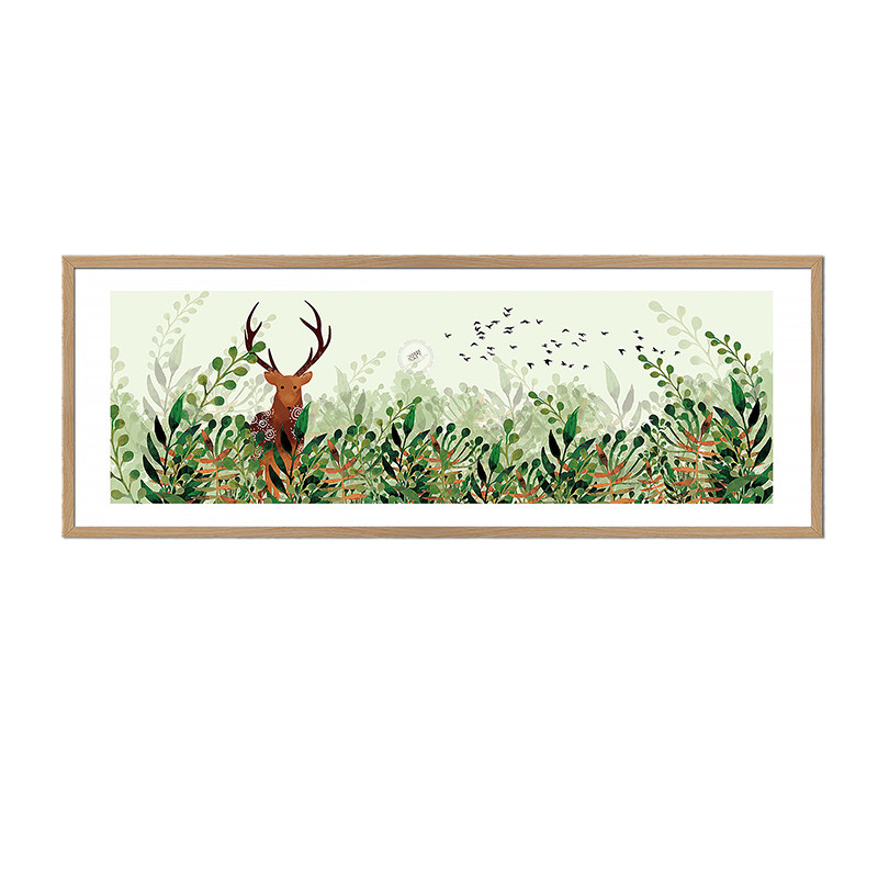 北欧实木框喷绘画客厅装饰画卧室床头横幅画书房麋鹿卡纸挂画定制