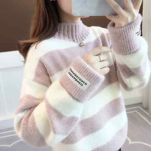 极速Sweater Women Turtleneck Pullover Jumper Stripe Thick Sw