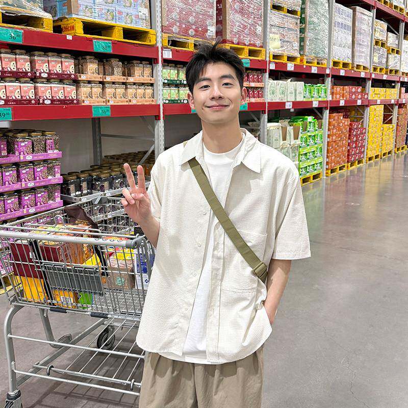 白色发泡纯色格子衬衫短袖男生2025新款夏季百搭宽松休闲衬衣上衣