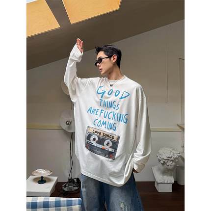 DBW宽Doublewin设计感印棉麻花透气长袖T恤美式松男弛X1HST117百