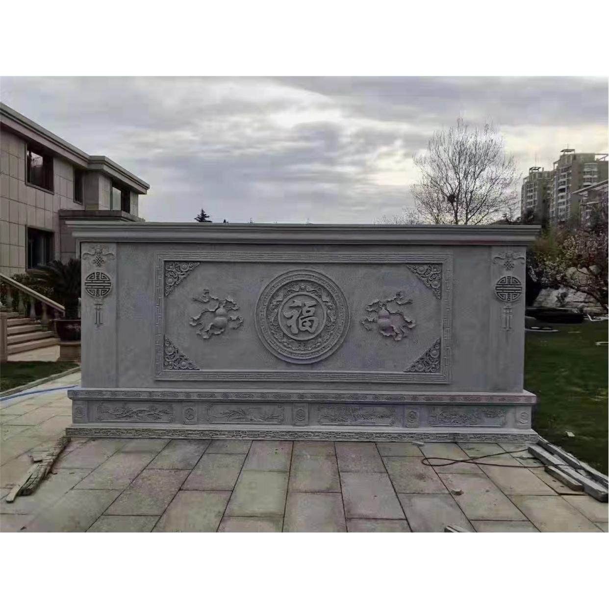 石雕影壁墙迎门照壁青石屏风花岗岩背景墙晚霞红玄关福字浮雕壁画