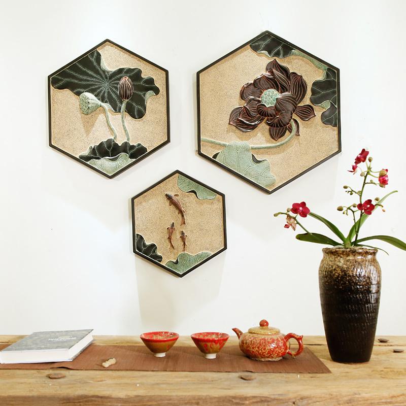 客厅组合背景墙3D立体浮雕壁画现代简约挂画玄关装饰画荷花无框画图片