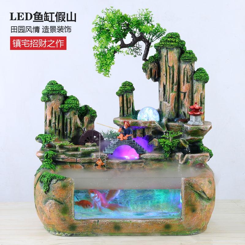 包邮山水盆景假山流水LED鱼缸 玄关招财风水轮加湿器喷泉装饰摆件