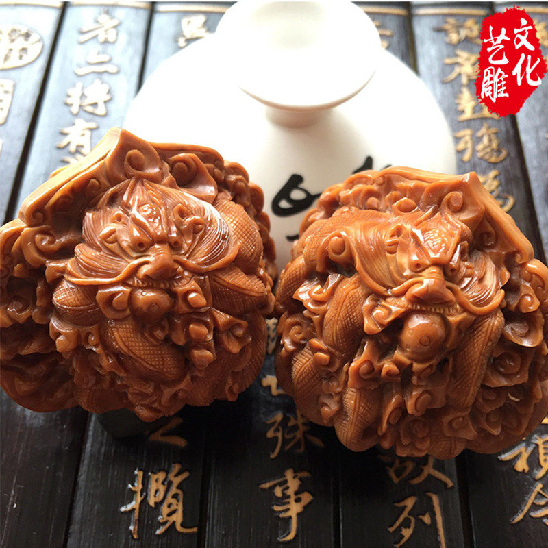 文玩核桃雕刻精品纯手工二龙凤九龙橄榄核手串男财神铁核老油核