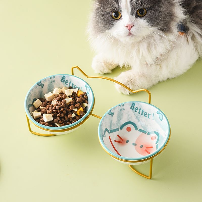 护颈猫碗宠物陶瓷双碗保护颈椎防打翻可爱食盆猫咪吃饭碗喝水两用