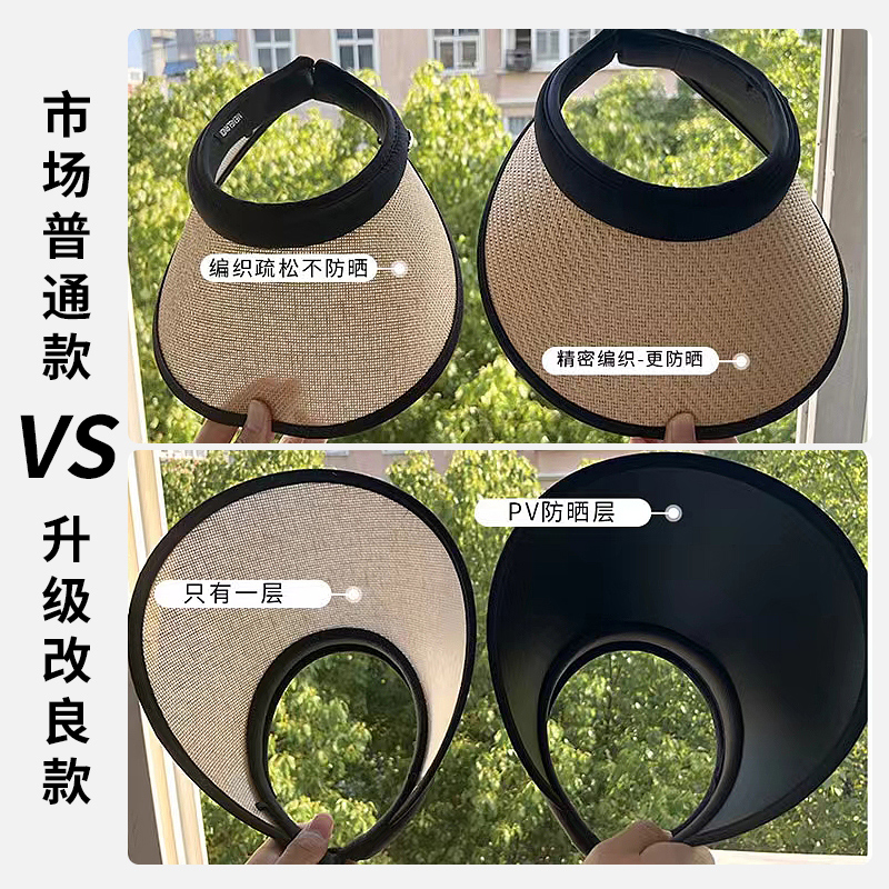 黑胶空顶uv防晒帽女夏抗UV大帽簷骑行遮阳草帽遮脸太阳骑车帽子