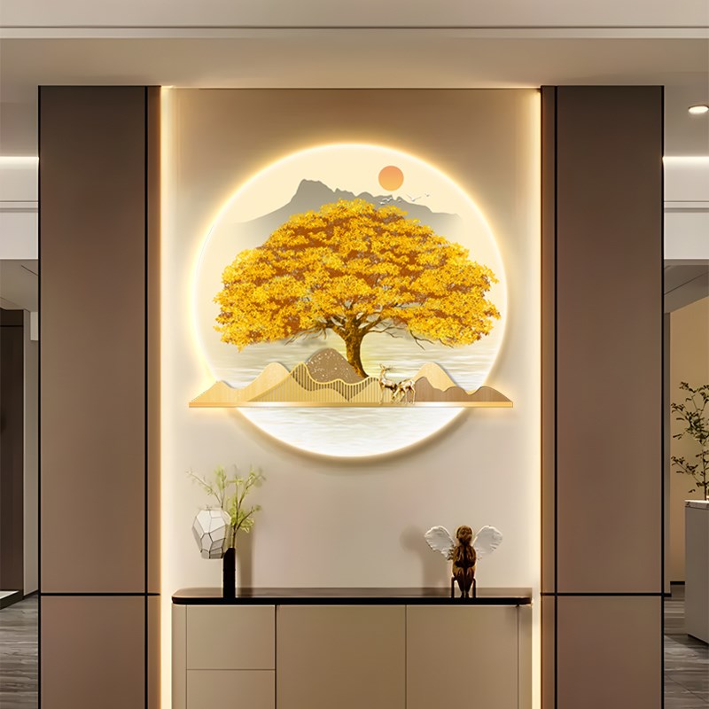 发财树入户玄关装饰画轻奢高档招财进宝挂画圆形带灯客厅走廊壁画图片