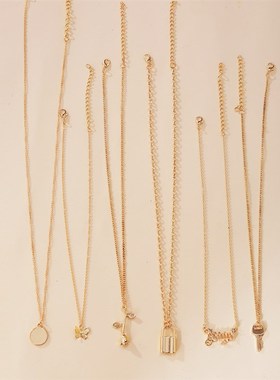 51893欧美跨境多层项链 创意简约锁玫瑰吊坠项链套装6条装