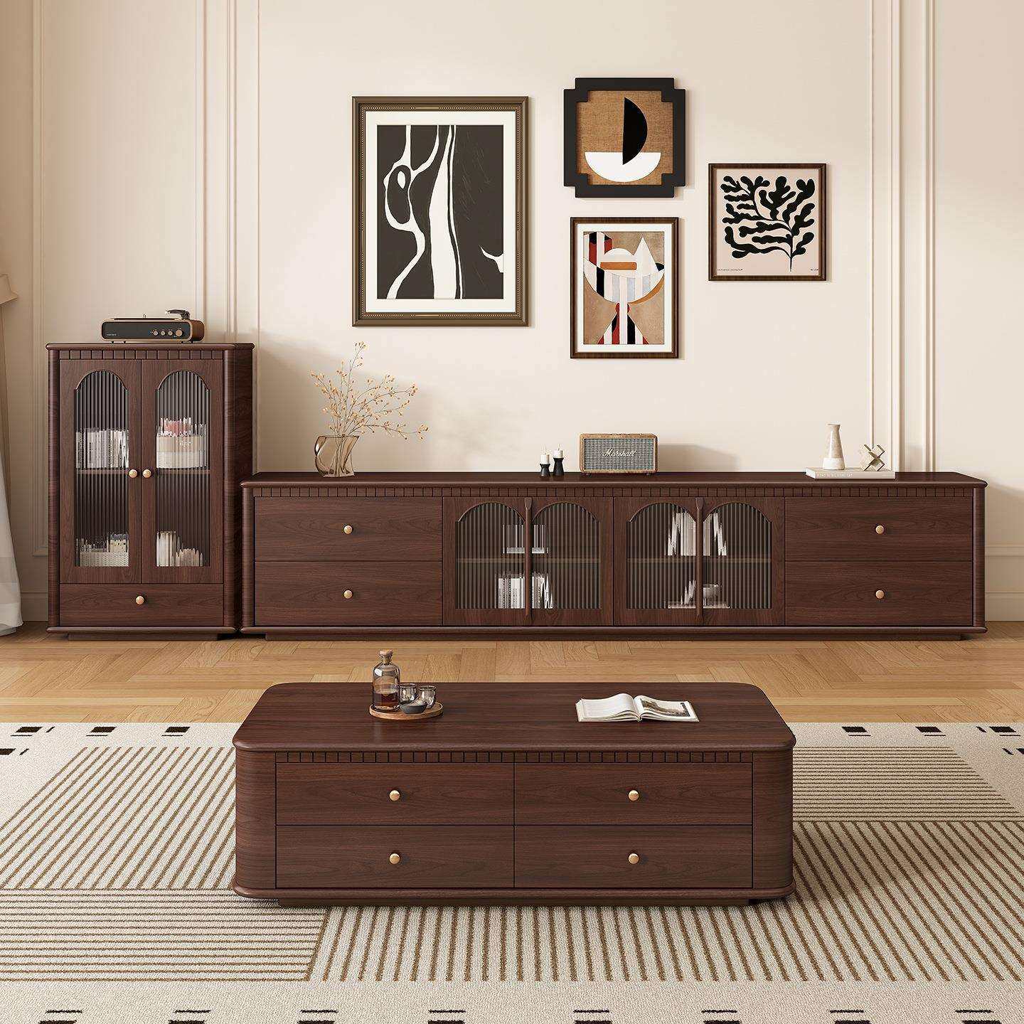 纯实木法式中古风原木落地电视柜茶几收纳储物简约客厅复古感