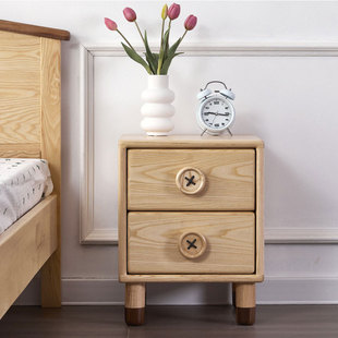 全实木纽扣床头柜 儿童收纳柜白蜡木环保简约现代双抽屉卧室储物