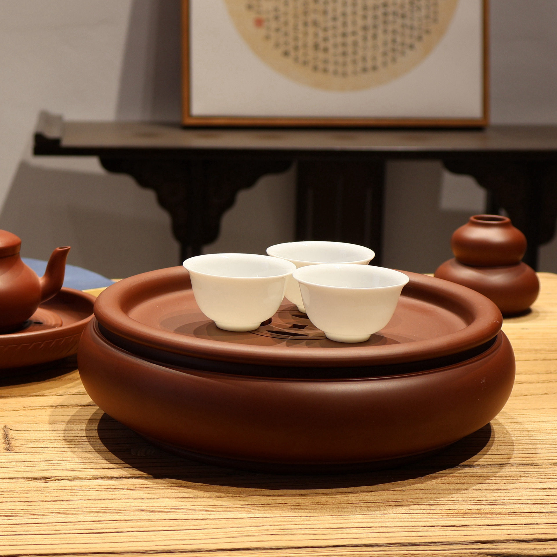 潮州朱泥手拉茶盘手工茶盘传统圆形紫砂茶船储水干泡台茶海茶台