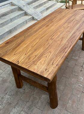 实老榆木桌子木复古QJL茶桌茶台长条餐桌家木用原桌面吧台长板桌