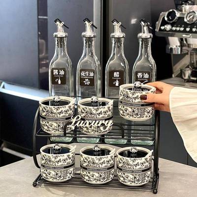 轻奢陶瓷调罐料玻璃酱油瓶罐套黑白花卉装家用好物全高颜值调味调
