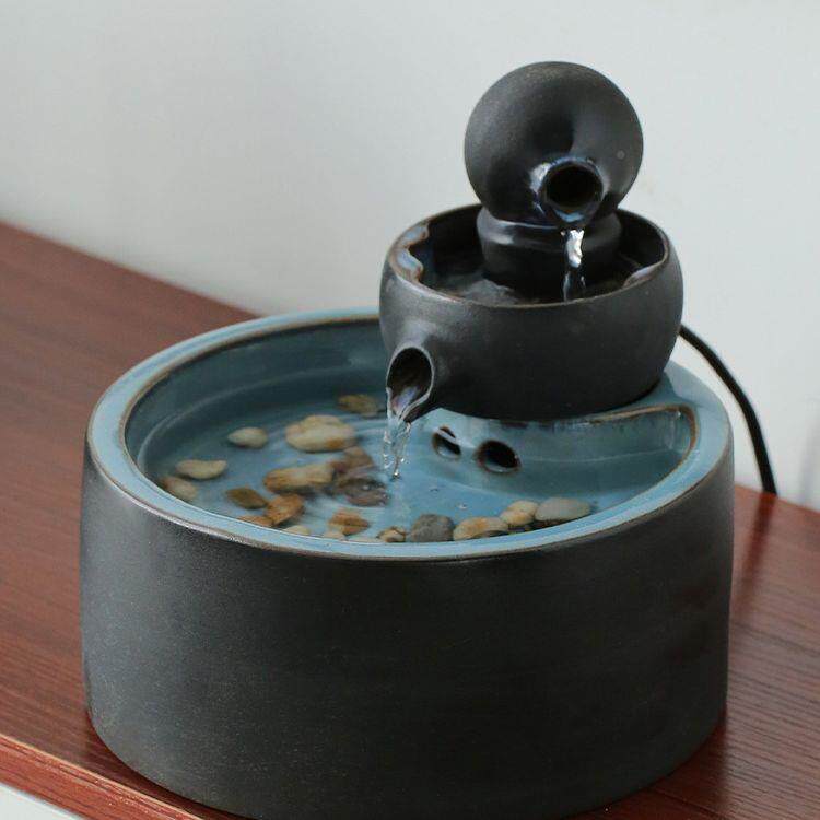 瓷新中式招财流水摆件陶桌小型循面客厅BZJ茶桌办公室装饰品环水