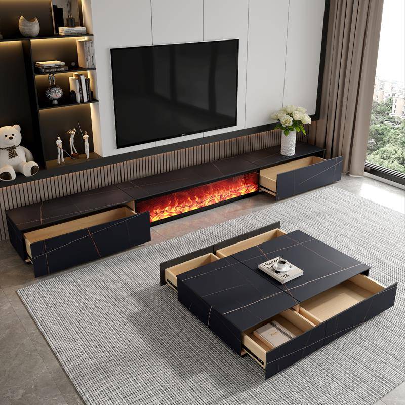 厅意式岩板客茶几电柜简约现代仿真火视焰HRR电子壁炉一体实木落