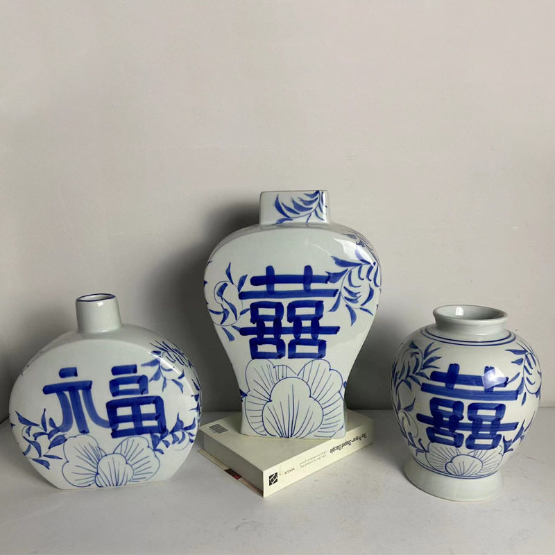 手绘喜字陶瓷花瓶青花瓷仿古复古官窑中式家居台面插花瓶客厅摆件图片
