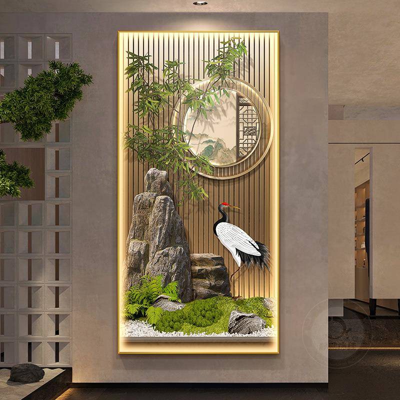 节节高升玄关装饰画新中式山水走廊过道挂画富贵竹子入户带灯壁画