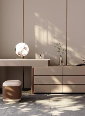 意式极简伸缩岩板梳妆台一体卧室马鞍皮化妆台现代简约实木化妆桌