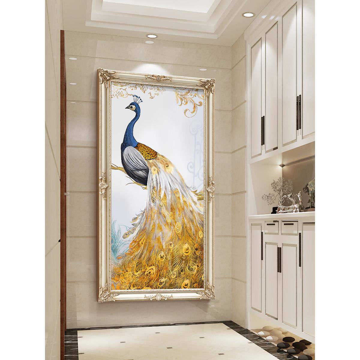 玄关进门装饰画竖版简欧挂画欧式走廊壁画美式孔雀动物大芬油画村
