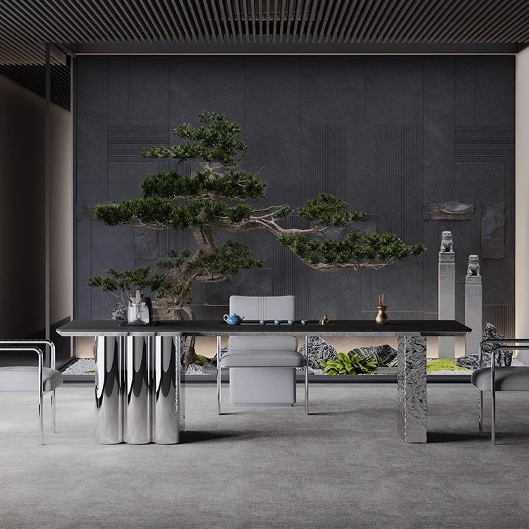 轻奢岩板茶台现代简约不锈钢办公室家用高级感岩板茶桌椅组合茶几