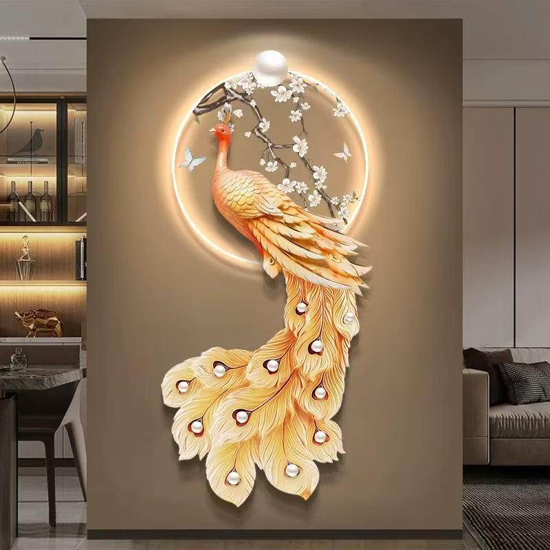 轻奢入户带led灯亚克力新中式孔雀玄关装饰画高级客厅走廊过道壁