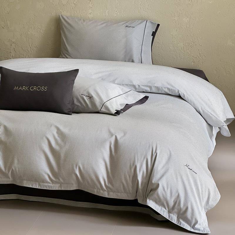 100S支长绒棉磨毛刺绣四件套纯棉加厚印花条纹被套床单秋冬季床品