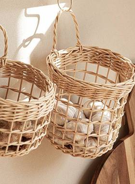 藤编姜蒜收纳筐厨房放蒜头壁挂式生姜大蒜挂篮杂物小篮子