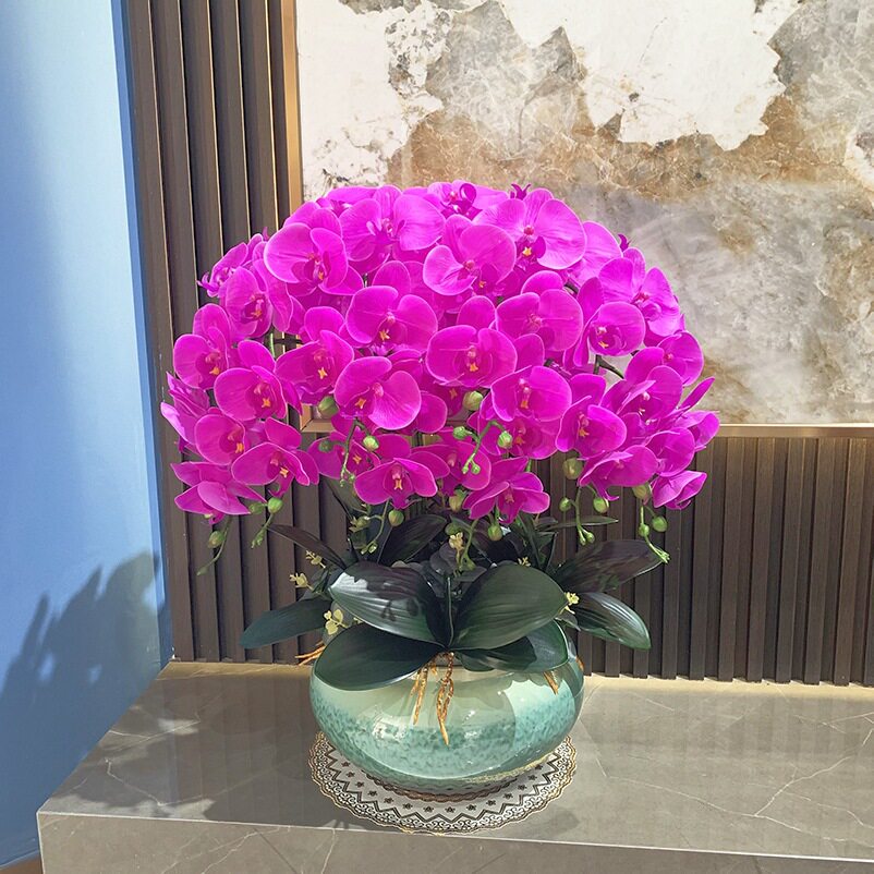蝴蝶兰仿真花艺陶瓷花盆摆件新中式客厅装饰简约茶几电视柜摆设