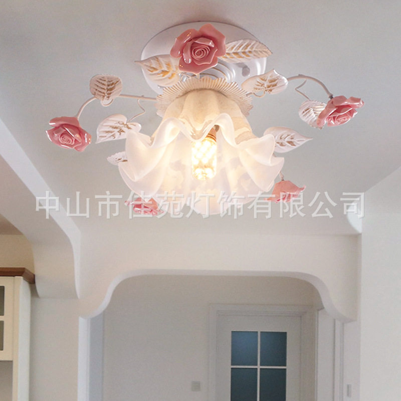 法式奶油田园风轻奢陶瓷花单头吸顶灯阳台玄关过道吸顶灯LED花灯