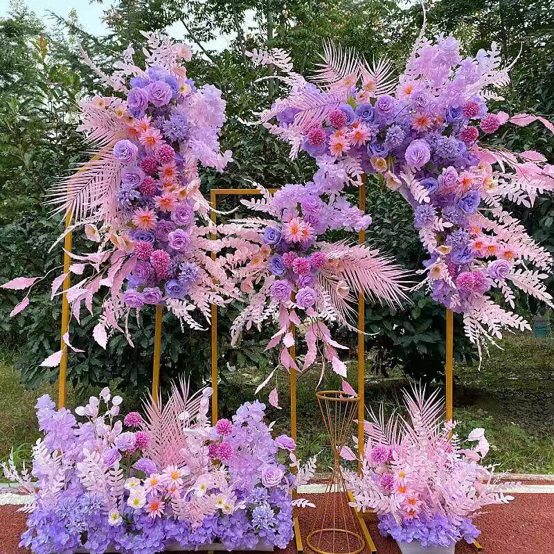 新款婚庆大款地排花仿真绢花成品装饰粉紫色花排T台路引婚礼花艺