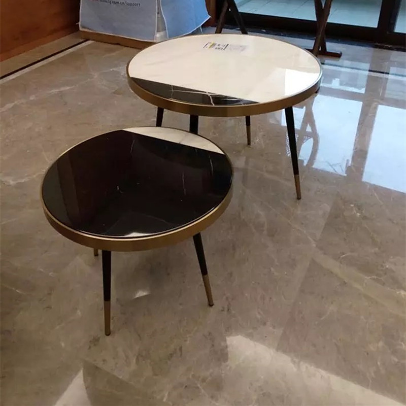 大理石金属高低茶几组合简约小户型客厅不锈钢金属样板房圆形茶几