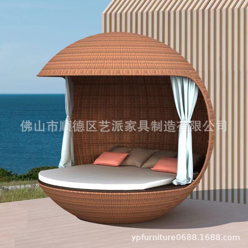 圆床休闲景点拍摄道具大圆藤编躺床铁框架编藤家具不怕雨淋藤椅