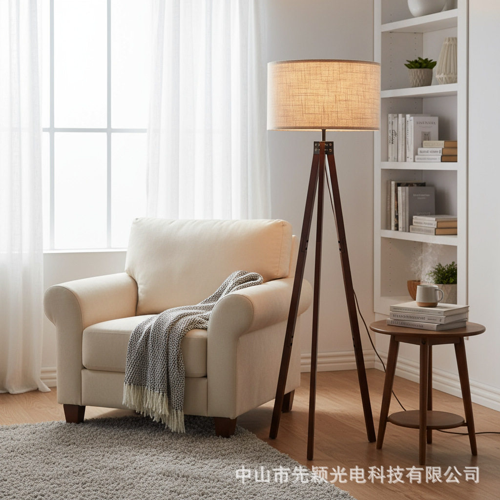 跨境美式落地灯客厅简约氛围创意实木书房装饰北欧卧室落地灯