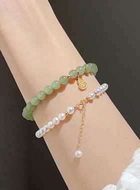 速发和田玉晴水手链玉石翡翠青白玉手串圆珠叠戴小众礼物妈妈