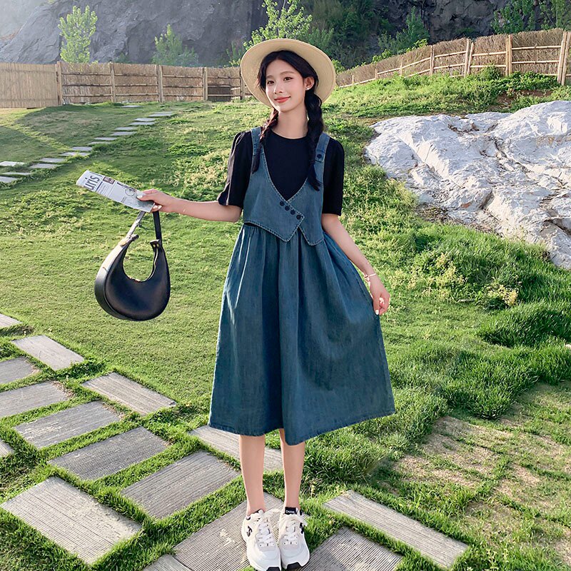 速发牛小背带连衣两假裙件夏收腰法式茶歇仔众设计减龄裙子