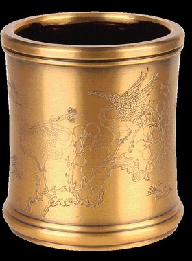 速发铜笔筒刻件铜文昌笔筒礼务商品圆形雕摆铜笔筒文房四宝摆件