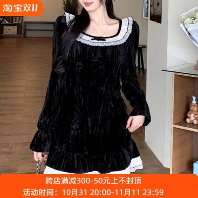 速发秋码赫本风设计感丝绒连衣裙大冬胖花妹妹边圆领荷叶边裙子