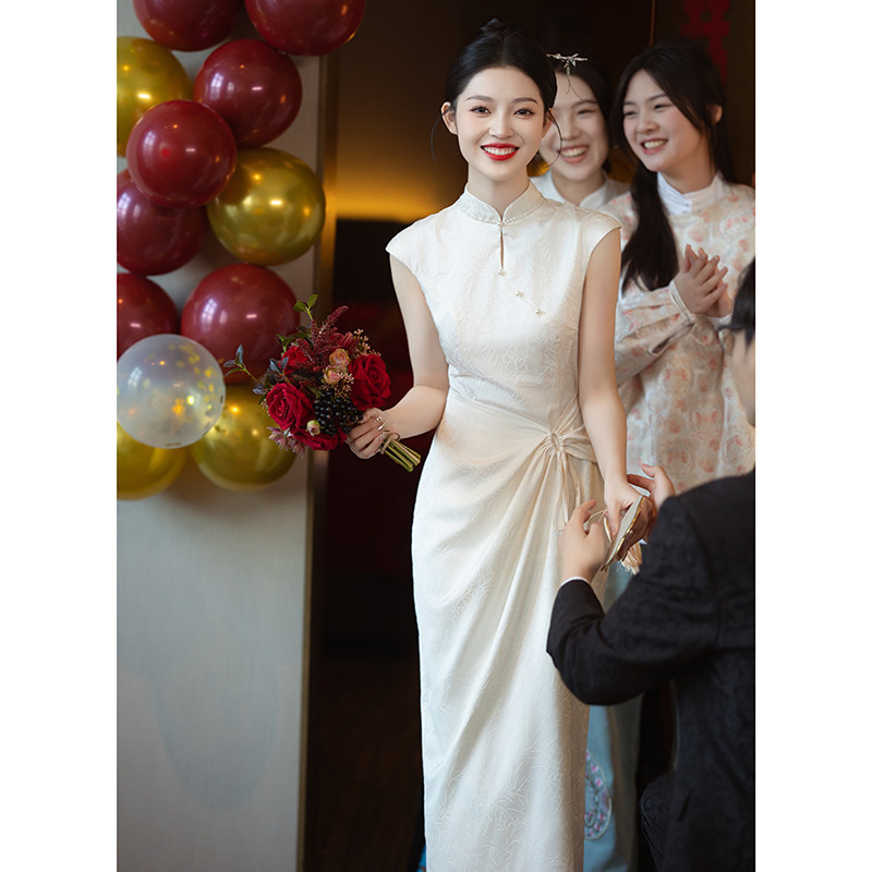 速发香槟色旗袍敬酒服新中式订娘礼服裙晨袍新婚领证登记晨拍高级