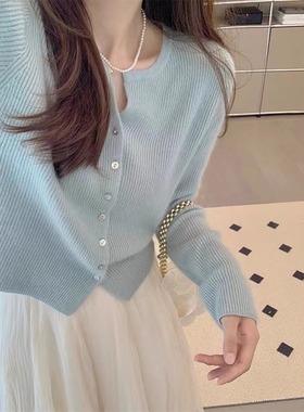 速发法式2级感蓝色针2开衫织0高4新款长袖上衣慵懒毛衣外套春秋薄