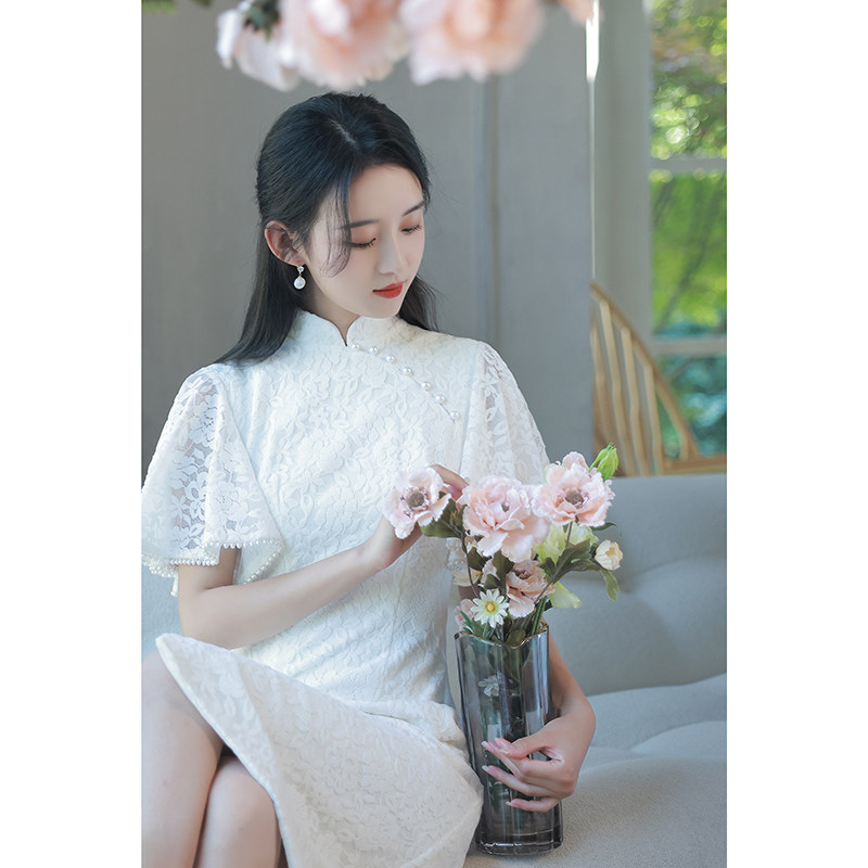速发白色旗袍订婚连衣裙宴会端庄气质中式改良领证登记小礼服