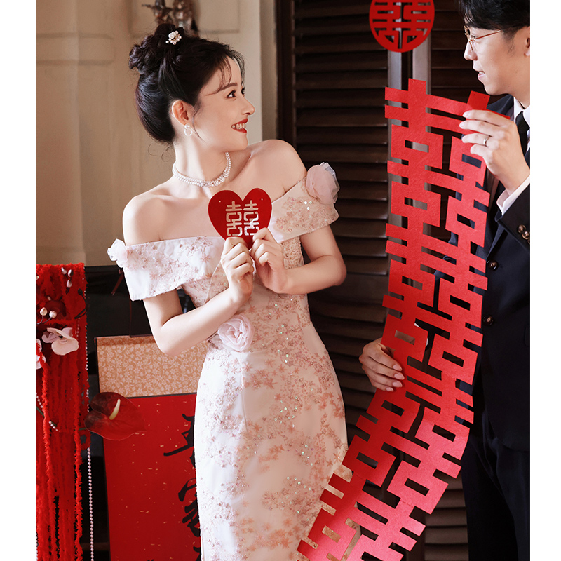 速发粉色一字肩敬酒服新娘2025感款小个子连婚礼服订衣裙高级新结