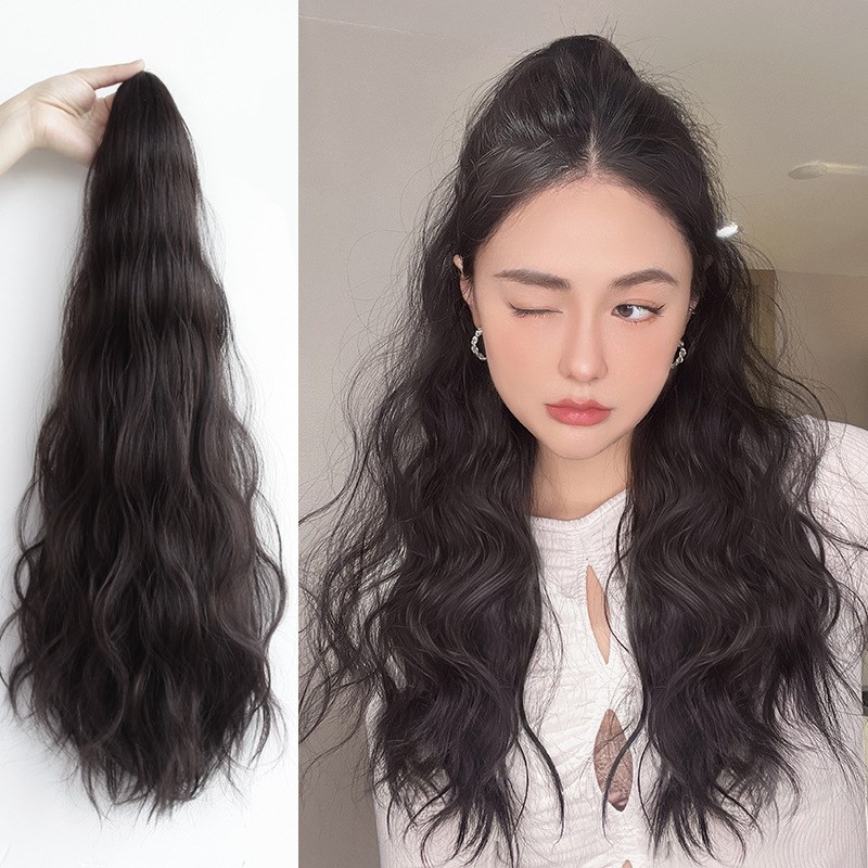速发自发抓尾长卷发马夹高马尾麻花绑带式水波纹假然假马尾辫子